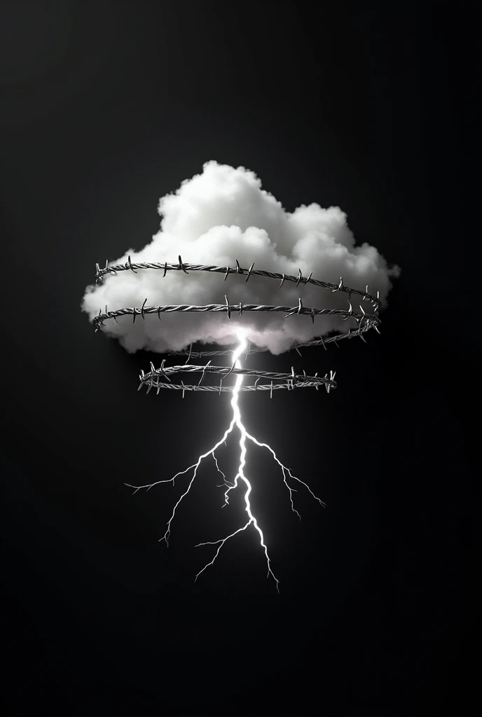 Create 3D artwork with a single lightning cloud. The cloud must be wrapped in chrome barbed wire. The background must be completely black, must be a chromatic 3d art