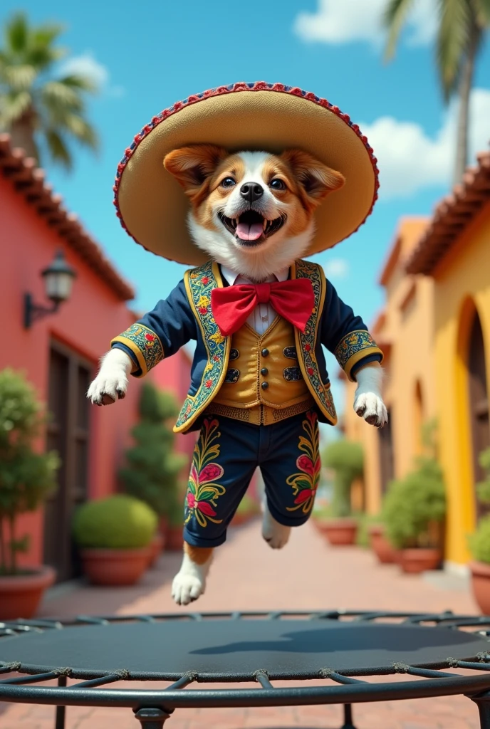 Believe me, a dog dressed as a mariachi jumping on a trampoline