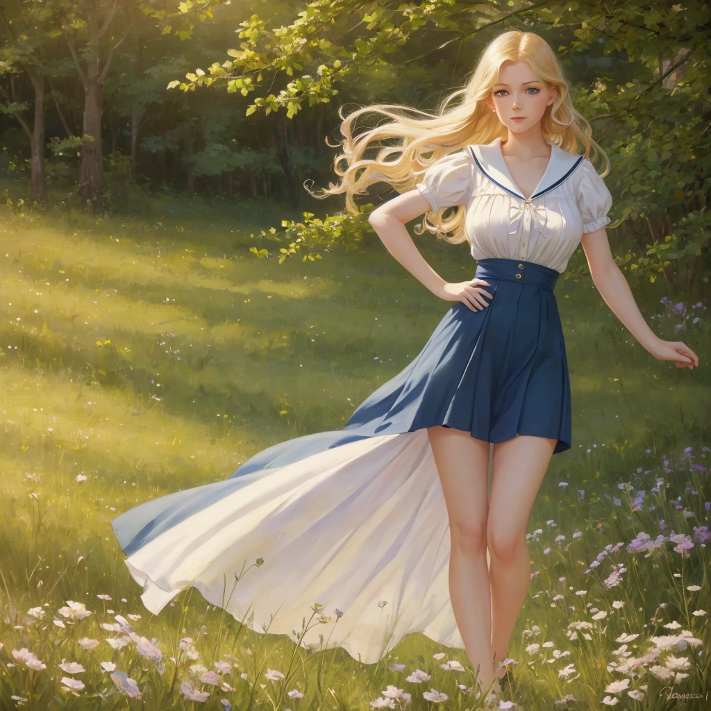 girl, 3個girl, blond, Green eyes, 1930s style, high quality, full-body shot, , Big breasts, Long legs and height 170 , Sailor Suit, Mini skirt showing waist standing on the grassland, blue sky , delicate eyes, Delicate lips, Extremely detailed face, long eyelashes, Elegant, beautiful, beauty, charming, Exquisite, oil painting, Digital painting, Realism, 8k, best quality, masterpiece, HDR, bright colors, movie lighting, Soft Focus, warm colors, dream, romantic, Feminine lift up skirt and unbutton top