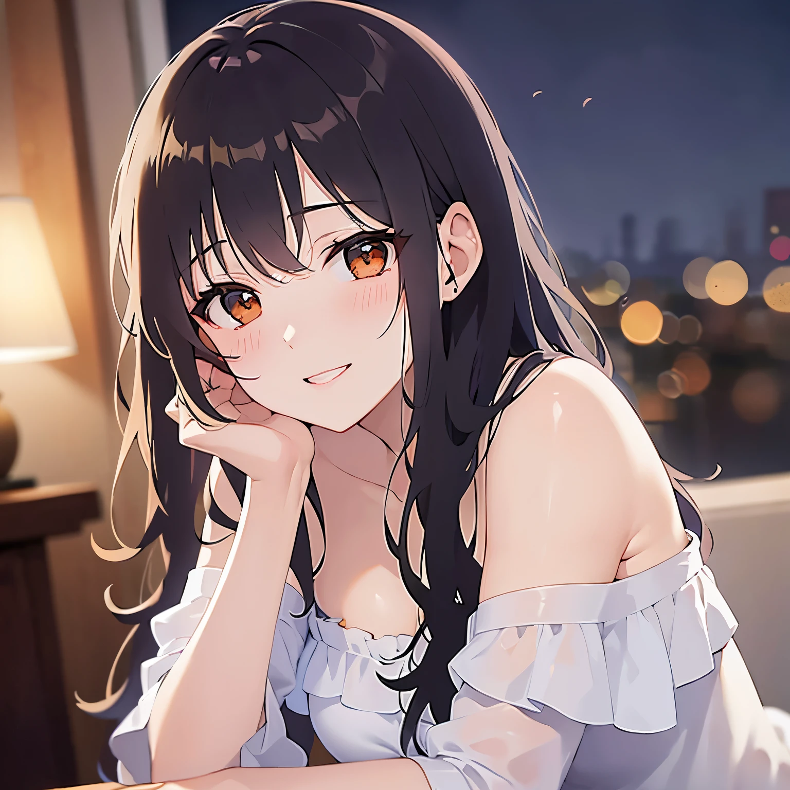 (night:1.5), looking up, hand on own chin、upper body、side angle, (pale skin: 1.2), shiny skin, shiny hair、(A 25-year-old woman with medium-length hair and bangs) and (wavy hair) and (brown hair) and (orange eyes) and (half closed eyes), (white) and (off shoulder blouse), smile, (blush:1.3), The background is a hotel room、Alone、Are standing