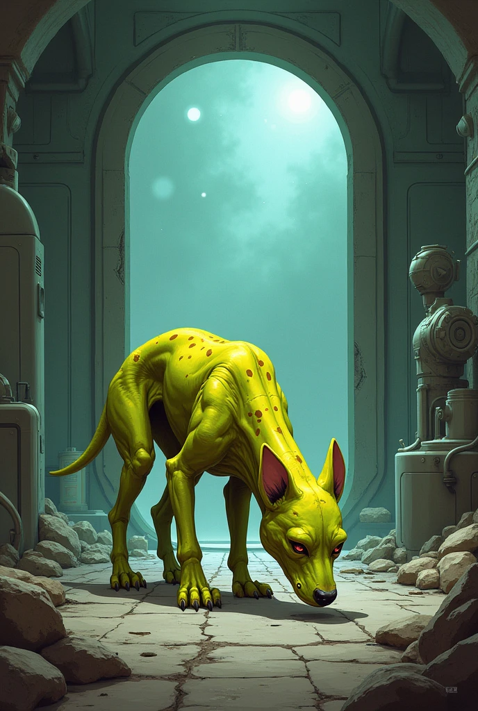 Creates a kind of yellowish-green, spotted alien hybrid dog sniffing the floor
. And a background of a ruined laboratory with a glass wall in the background with a kind of portal to ther world.