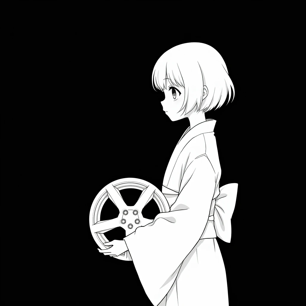 White pen on a black background。
No grey, just black and white。
A girl with white hair wearing a yukata。
Anime Style。
Hair length is bob。
The color of the yukata is white.。
The girl is looking at an angle。
He is holding a car wheel in his hand. The wheel has no tires.、Wheel only。
The wheels are 5 spokes。