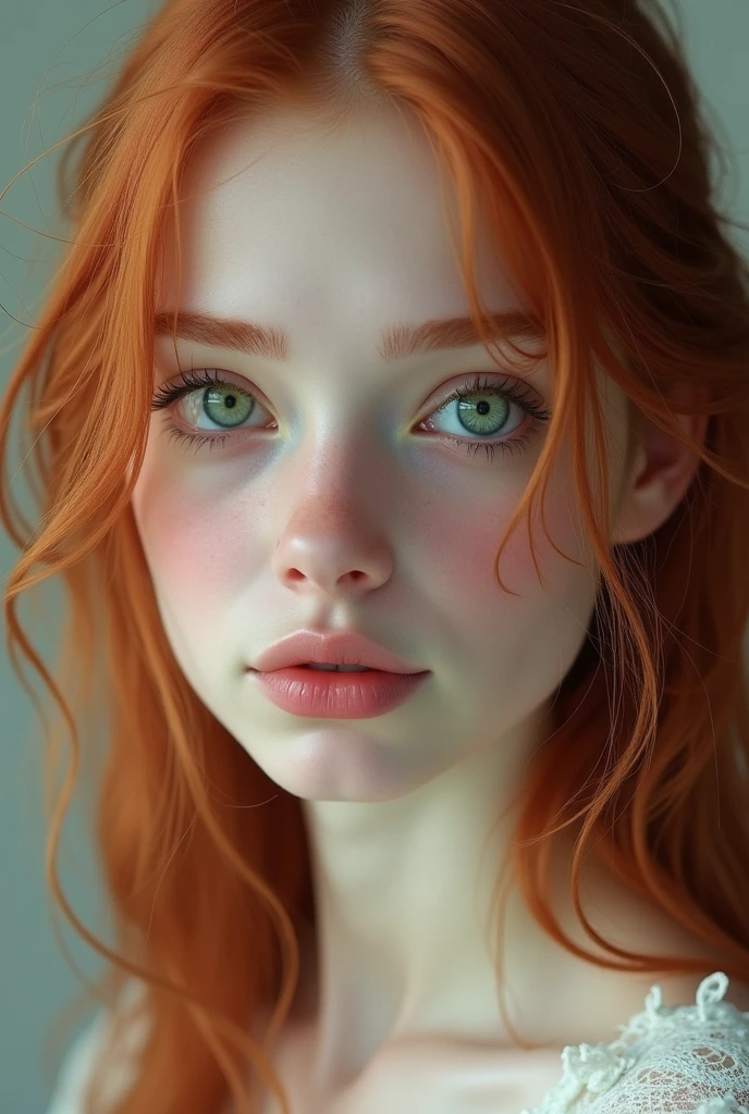 Redhead girl with green eyes and long straight hair, that has a thin nose and full pink lips, slightly rosy cheeks and white skin.