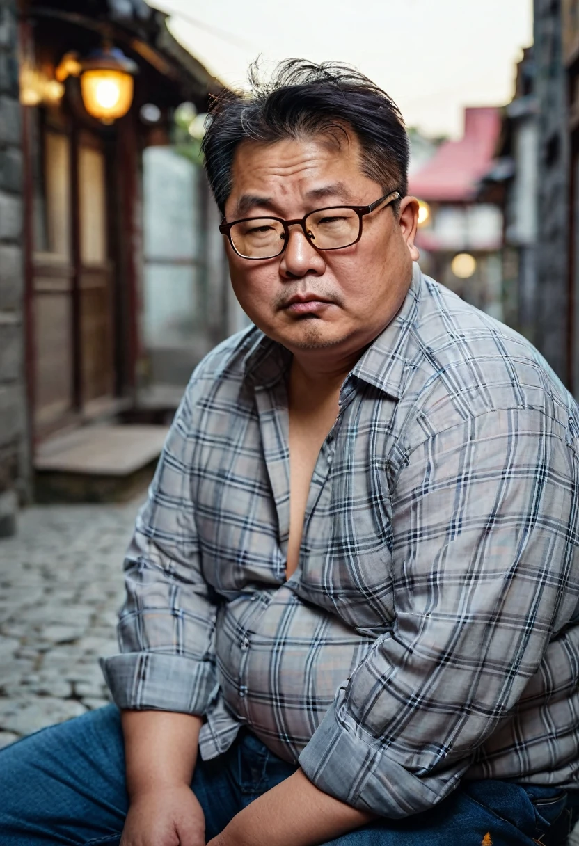 Man, Asian, 50 years old, Fat, Chubby, wearing glasses,( Put on a thin, light grey plaid shirt, Unbutton the shirt ), Shirtless, wearing Jeans, in the old town, Sitting, looking sad, ( Top view ), beautiful lighting.