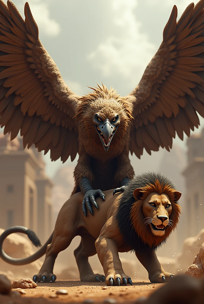Picture of a Garuda bird trampling a lion until it falls down, 3d animation