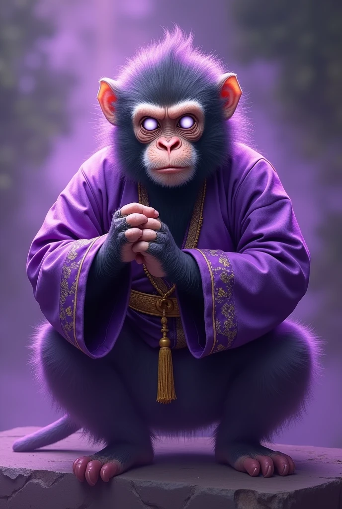Adult monkey in kung fu master king clothes with white eyes and a purple aura