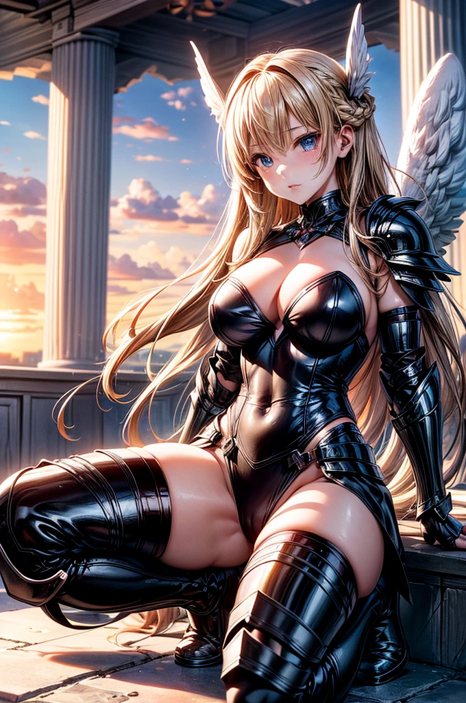 female archangel prepared for battle, an extremally beautiful warrior valkyre, ultra feminine, long hair, dark blonde hair, braided hair, wearing divine heavy armor, long leather boots, cleavage, big breasts, hiding hands, hands behind her head, (white armor: 1.2), full plate armor, (angel wings: 1.2) spread, angel wings on both sides of her back, posing for a picture, full body, floating mid-air, sunset, 16k, RAW, ultra wide shot, photorealism, depth of field, hyper realistic, 2.5 rendering, ray tracing