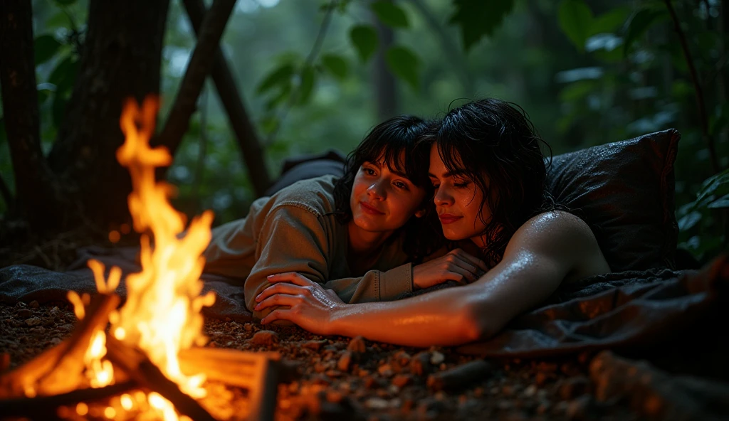 Justin Russo, interpreted by David Henrie, and Alexandra 'Alex' Russo, interpreted by Selena Gome, sleeping together under improvised makeshift burrow, there's heavy rain, it's a cold night, it's a wet night, they are in the amazon rainforest, their bodies are wet, their hair is wet, their clothes are wet, a campfire is the light source they have, the whole scene is only illuminated by the campfire, the fire casts flickering shadows on the leaves and trunks, the fire casts light on the couple, the fire casts light on the glistening amazon rainforest foliage around them, Justin hugs Alex to his chest, Alex glues herself to Justin's chest