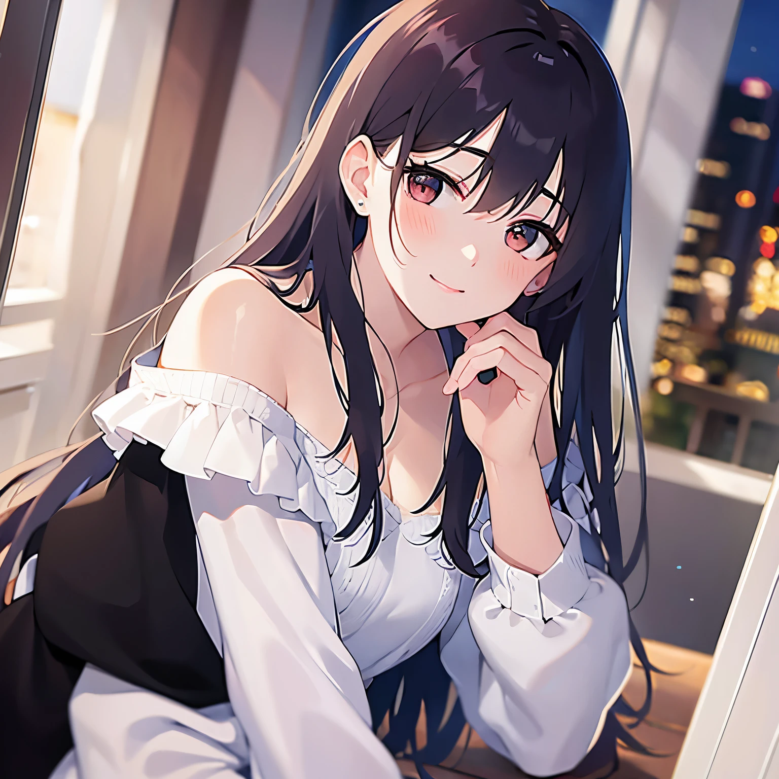 (night:1.5), looking up, hand on own chin、upper body、side angle, (pale skin: 1.2), shiny skin, shiny hair、(A 25-year-old woman with medium-length hair and bangs) and (wavy hair) and (brown hair) and (orange eyes) and (half closed eyes), (white) and (off shoulder blouse), smile, (blush:1.3), The background is a hotel room、Alone、Are standing