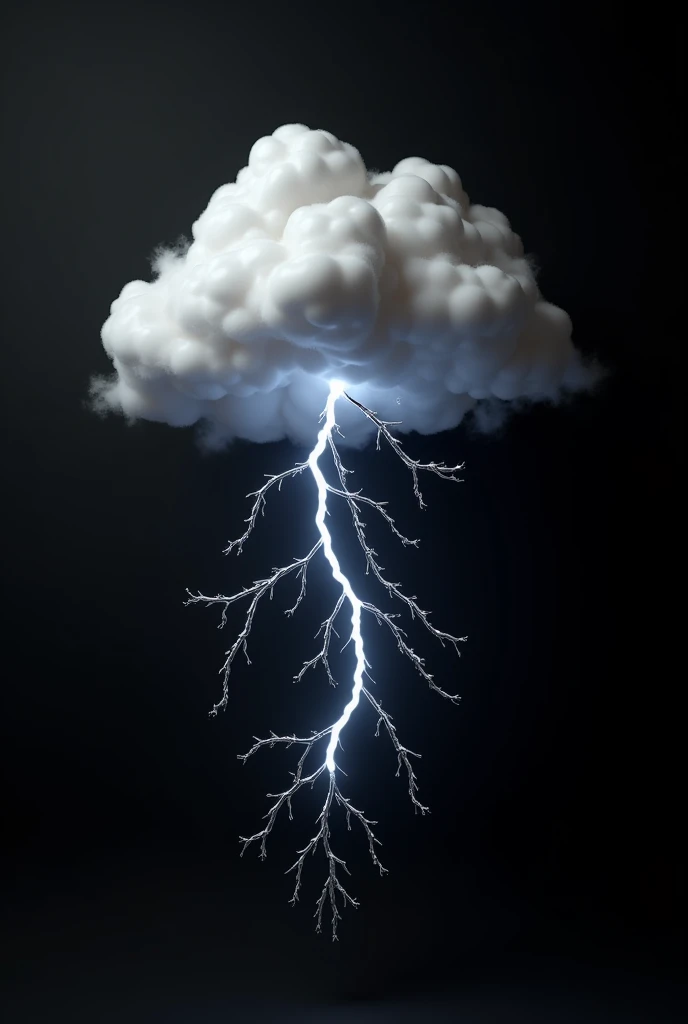 Create 3D artwork with a single lightning cloud. The cloud must be wrapped in chrome barbed wire. The background must be completely black, must be a chromatic 3d art