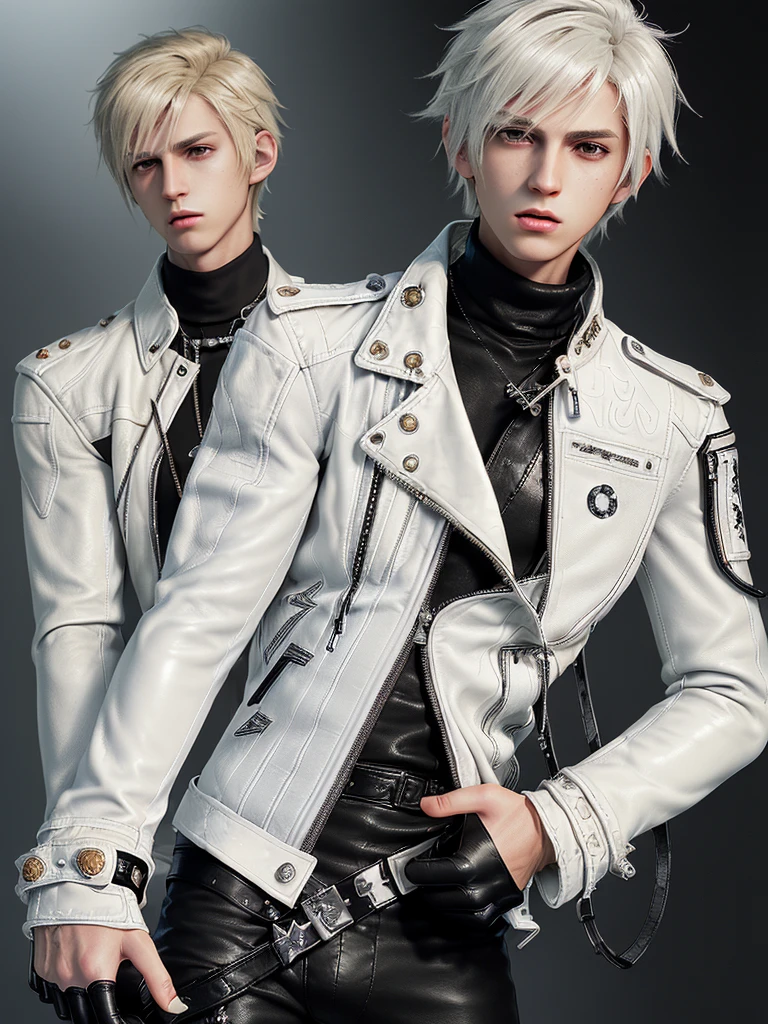 (Final fantasy taste and reality graphics), ((Japanese young cute and cool ikemen  boy)),((1 boy)), his age is early 20s, thin eyebrows and beady eyes,  ((((boy wearing off white color single-brest thick leather jacket, with epaulet)))), ((((jacket is long sleeve)))), (((leather jacket has just a little black pattern))),((((leather jacket close all zippers)))),,(((jacket collar is high length and stand-up with two belts))),  (((also wearing black thick turtleneck polyester shirts))),  (((((put on tight and black color leather long length pants))))),  (((((put on tight and thin black leather glove,covered from full finger both hands))))), ((put black leather knee-high raceup boots)),(((show the whole body))), ,boy is black hair,