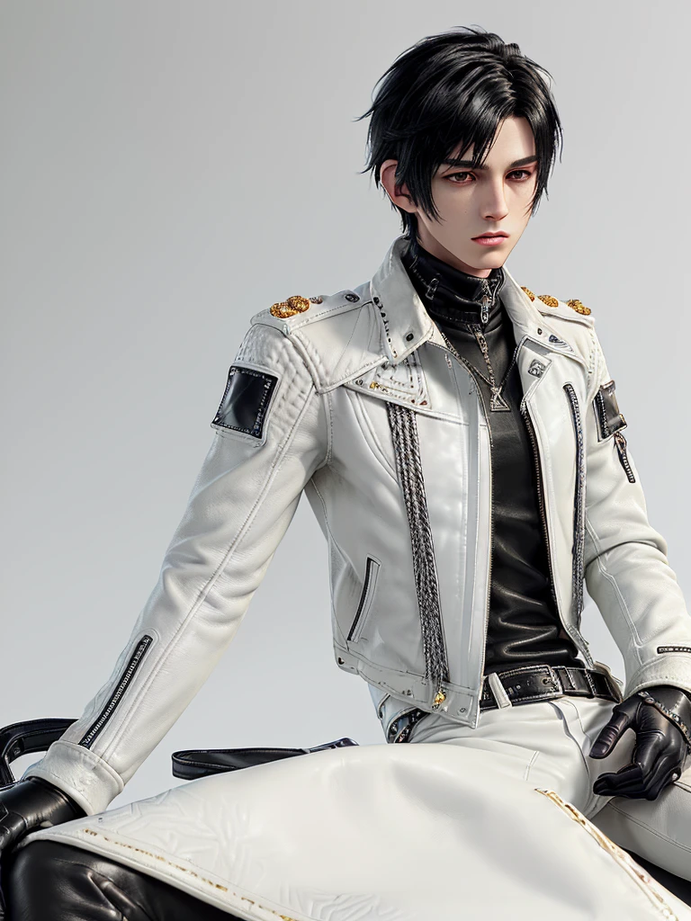 (Final fantasy taste and reality graphics), ((Japanese young cute and cool ikemen boy)),((1 boy)), his age is early 20s, thin eyebrows and beady eyes, ((((boy wearing off white color single-brest thick leather jacket, with epaulet)))), ((((jacket is long sleeve)))), (((leather jacket has just a little black pattern))),((((leather jacket close all zippers)))),,(((jacket collar is high length and stand-up with two belts))), (((also wearing black thick turtleneck polyester shirts))), (((((put on tight and black color leather long length pants))))), (((((put on tight and thin black leather glove,covered from full finger both hands))))), ((put black leather knee-high raceup boots)),(((show the whole body))), ,boy is black hair,