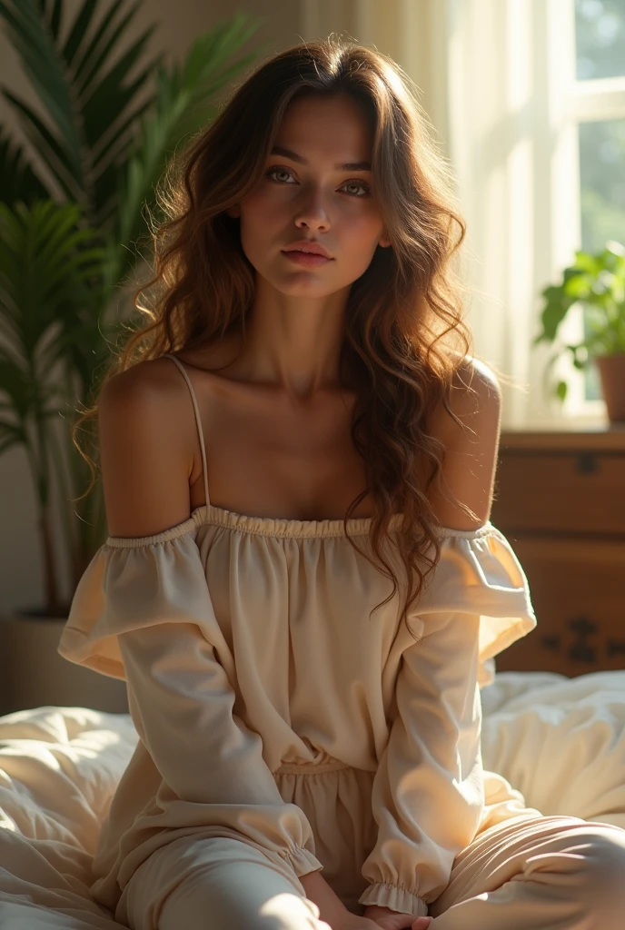 (photorealism:1.2), beautiful woman, sitting on bed, wearing loose off-shoulder top, pajama pants, long curly hair, indoors, soft lighting, plants in background, window with sunlight, cozy room, relaxed pose, realistic, intricate details, warm colors, by Greg Rutkowski, by Alphonse Mucha