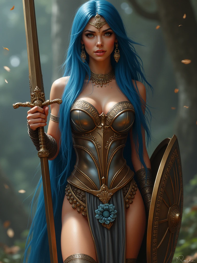 An Amazon posing with confidence and courage.   Body: the face is like Christina Aguilera. She has a very long blue straight hair. The breasts are big and voluptuous and hips are very strong and toned. The waist is tiny. Her body is voluptuous and delicate.   Clothes: Amazon armoured suit. The armor is bright metallic brown with white and blue flowers details. She has a long sword and a shield with crown relief symbol.   Image style and definition: ultra realistic photo, feminine figure, portraits, Reductionist form, mujercore, ultra definition image.