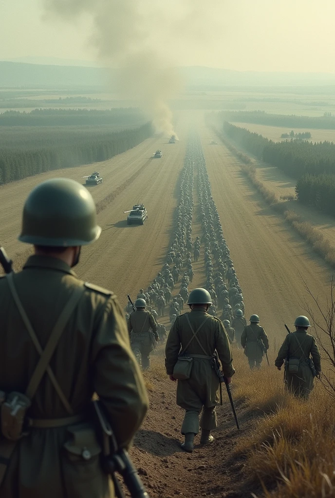 create a realistic image of Russian soldiers advancing on Kursk (make from a distant view)