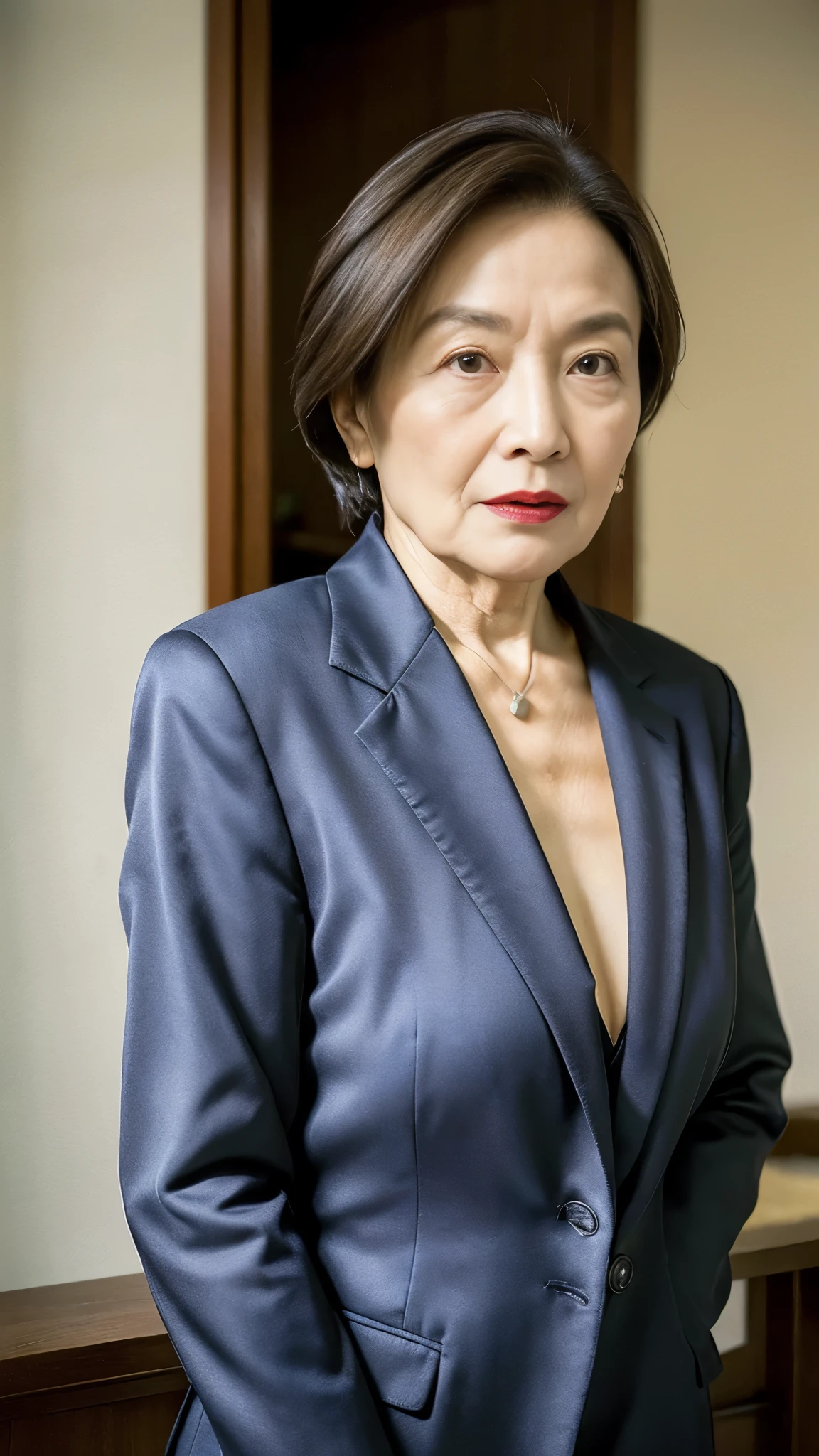 masterpiece, ((Depth of written boundary)), 32K, Beautiful finish, Face close-up, Beautiful mature woman, 80 years old, underwear, Business Person, board member, View from the front, Long face, A disdainful look, Cool look, Red lips, Thin lips, Wearing a suit over a bra, Remove Background, Light from the front,