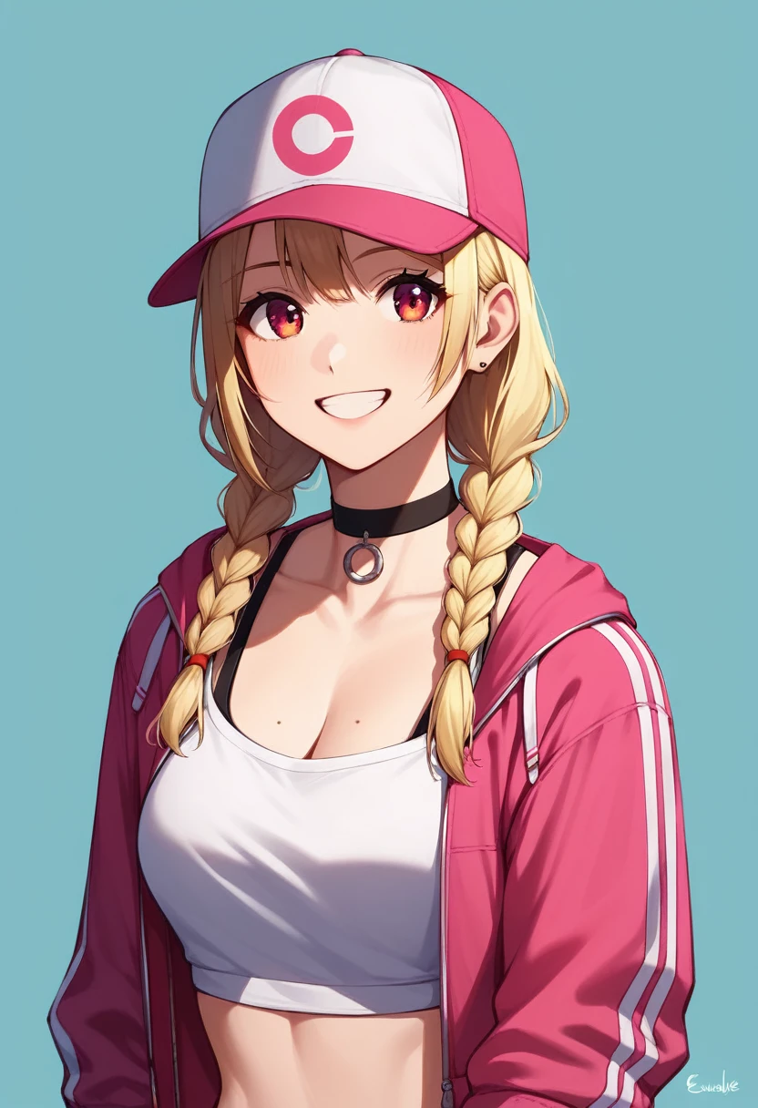 eikotsukimi, Eiko Tsukimi, by rubio, braid, baseball cap, twin braids, by the wide, smile, masterpiece, Best Quality, 1 girl, Sonyablade, by the wide, by rubio, close up,choker, crop top, short jacket, Sketch, simple background