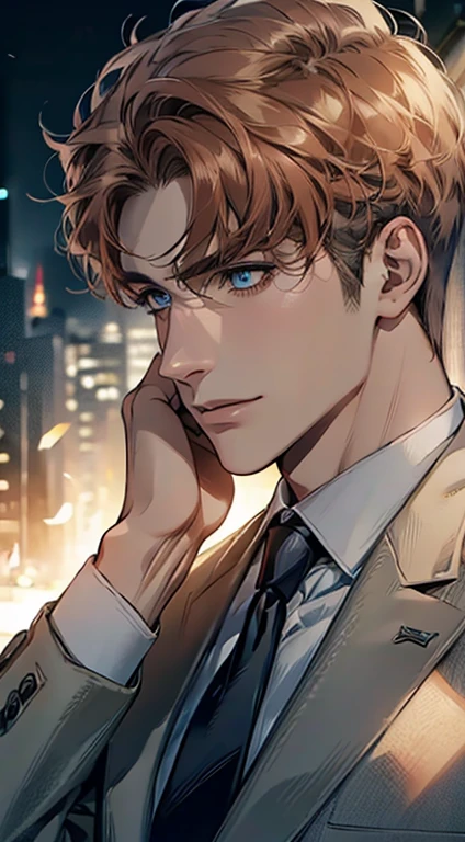 (Highest quality,4K,8K,High resolution,masterpiece:1.2),Super detailed,(Realistic,photoRealistic,photo-Realistic:1.37),1 person,31 years old,Mature Men,Beautiful skin、Profile、very handsome,Expressionless,smile,Short gray orange hair,blue eyes,Sharp Eyes,A perfect face without a doubt,Businessman,Office Background,Cinema Lighting,HDR image,tie、