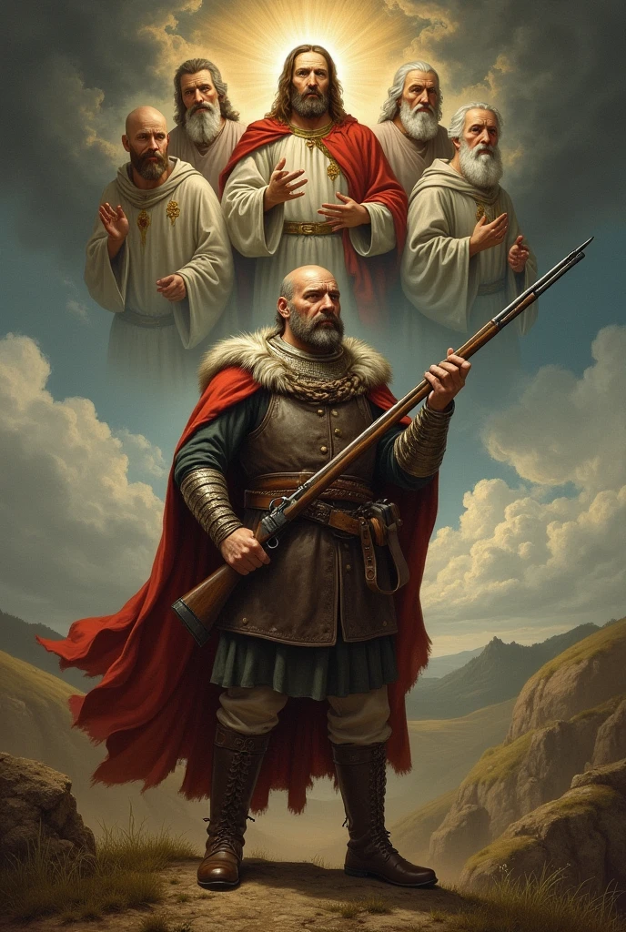 Renaissance painting of a Saxon with a rifle in his hands, wild and an icon of jesus and the church fathers above him, Jesus in the center like a sun