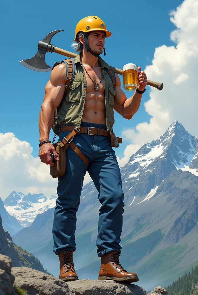 Fantastic realistic illustrations。
Fantastic sunlight。
A young Japanese man wearing a yellow helmet。Thick eyebrows。His face looks like a beautiful woman's。Silver hair that reaches down to the shoulders。The arm muscles are amazing。Wearing a khaki vest。Wearing navy blue trousers。My groin is bulging。The left hand is carrying a pickaxe on the shoulder.。He is about to drink beer from the mug he is holding in his right hand.。I'm on a rock。Wearing a glasses-shaped necklace。
Behind it is a magnificent mountain range.。Fantastic blue sky。