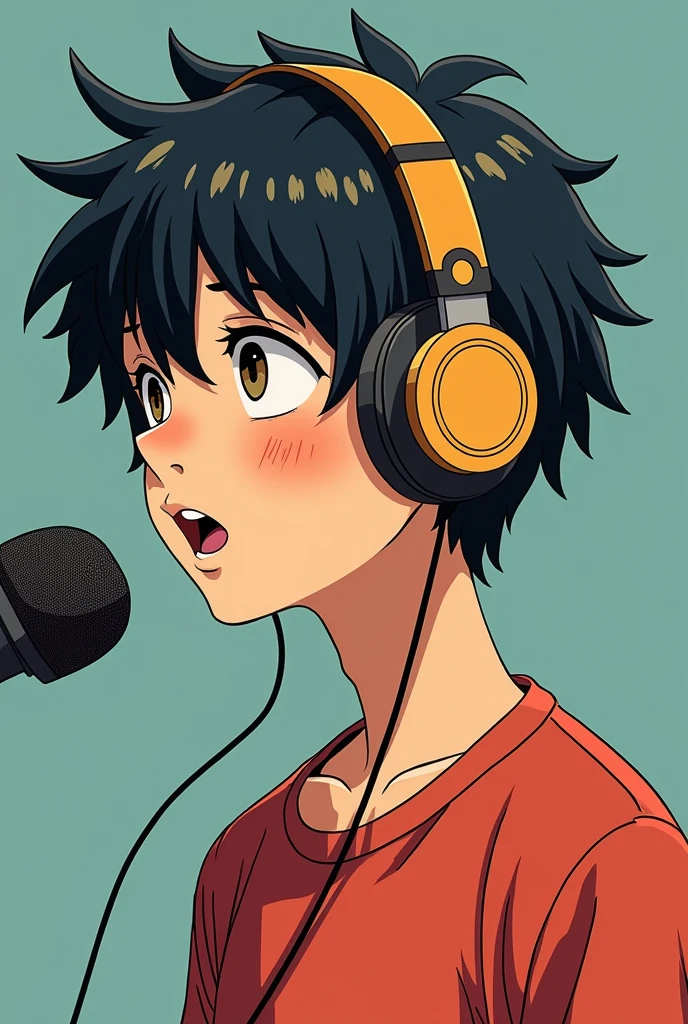 a boy with anime headphones, no estilo de quarto player, animated color photos, Masami Teraoka, player, Paulo Gauguin, Embry Style, honest portrait, speaking into microphone