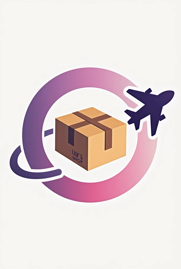 A logo for a company, with a package similar to Amazon's in the middle of brown and an airplane as if it were a ring, and a little below the tweet that says LILY'S SHOP, and the purple and pink colored airplane trail