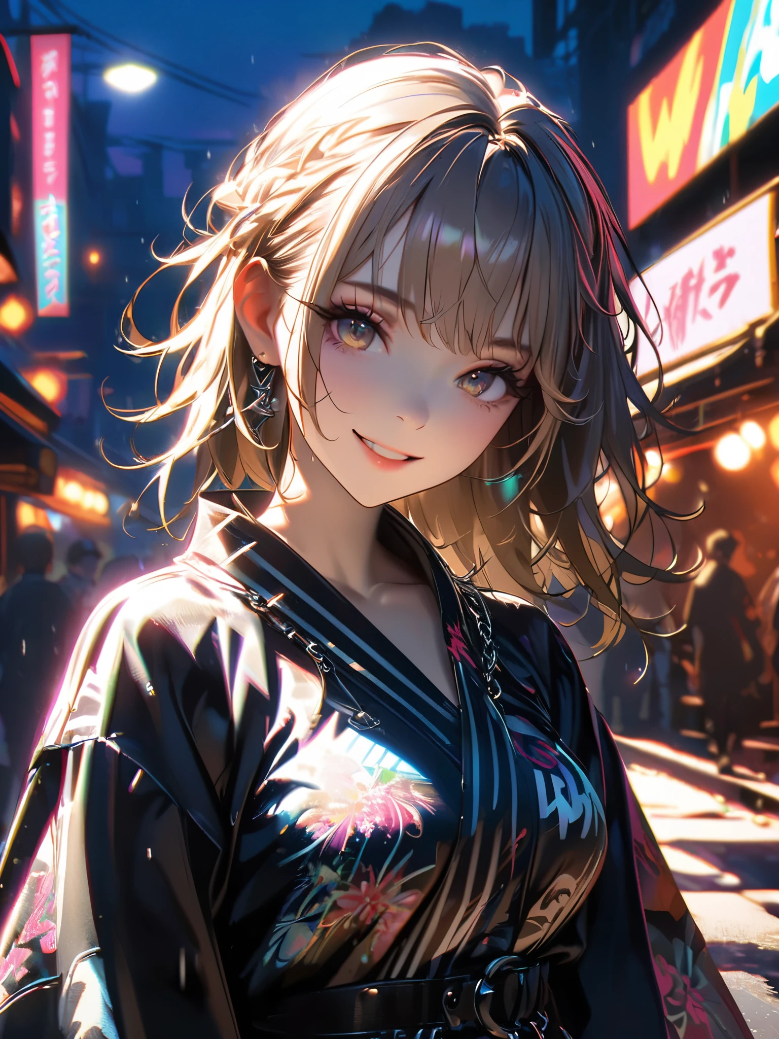 1 girl, chromatic aberration, Written boundary depth, Soft Light, masterpiece, Highest quality, complicated, Tone Mapping, A place where fireworks are set off at festivals. Concept Art, Smooth, Clear focus, Dramatic lighting, Very cinematic, super practical painting, アートステーション's trending, 8k, Incredible Shadows, practical, whole body, View, Viewers, Portrait of a Girl 1, standing on street corner, Heavy rain and lightning、Dark Sky, neon and cyber punk background, she is dressed in punk clothing with silver chains and silver spikes, Her hair was dyed light brown..........Ominous aura of light, smile, punk, ciber punk, Backlight.Fashionable clothes、Friendly dress code: yukata.My breasts are a little big