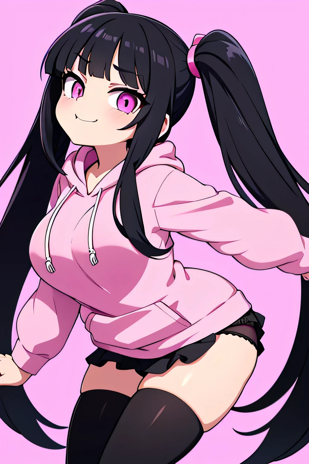 best quality, expressive eyes, perfect face, black hair, long twintails, straight bangs, pink eyes, smirking expression, pink hoodie, black thigh highs, pink lips, black , big breasts, adult, evil, any pose, sexy pose, low angle 