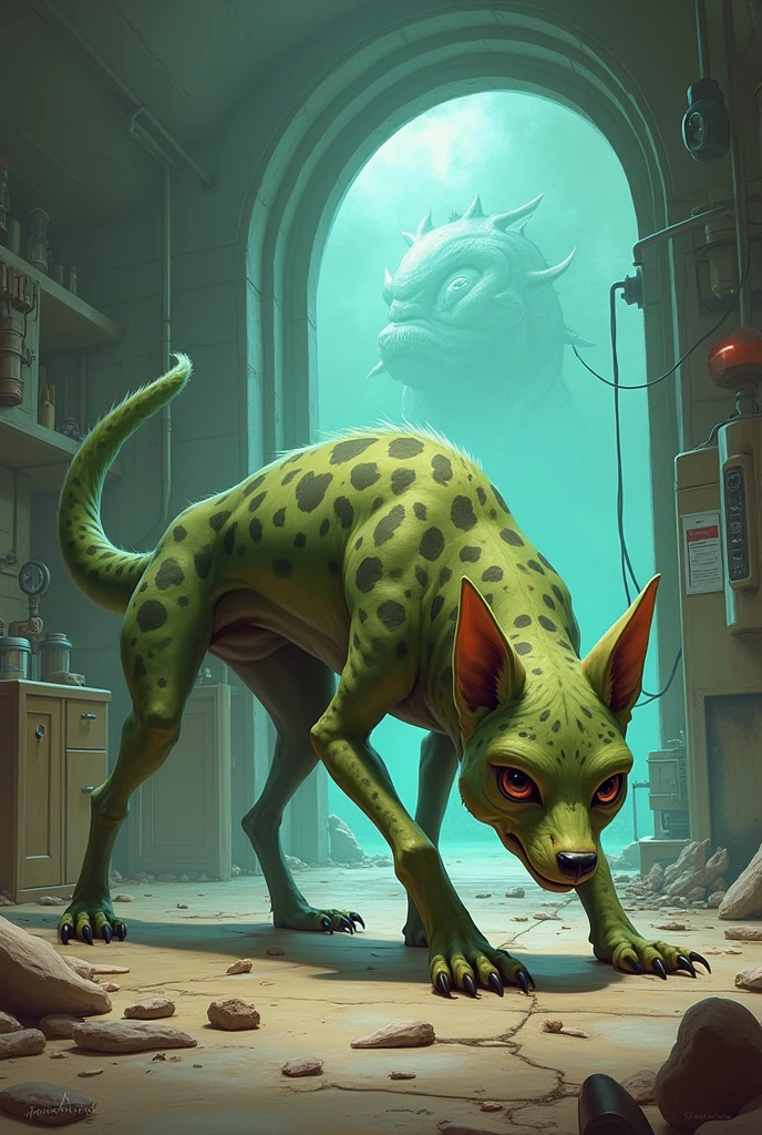 Create a kind of 5 green and gray alien hybrid dog with spots sniffing the floor
. And a background of a ruined laboratory with a glass wall in the background with a kind of portal to another world.