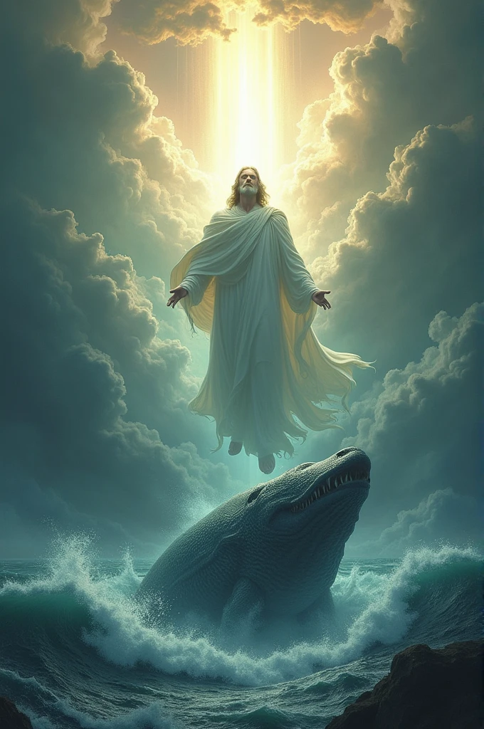 An impressive scene where God, represented as a majestic figure enveloped in divine light, face the Leviathan, a colossal sea creature. Leviathan has shiny scales, with an intimidating appearance, displaying sharp claws and teeth, as it emerges furiously from the turbulent waters. The waves around are choppy, with rays of divine light cutting through the stormy sky. God is at the center of the image, hovering above the sea, with an expression of absolute power and control. The atmosphere is one of reverence and power, with the struggle between divinity and creature symbolizing divine supremacy over the forces of nature.