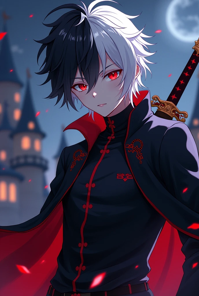 Psyco anime man, half black hair and half white hair, red eyes, castle, male, mejora de calidad, magic sword, na i´d win, black clothes, revenge anime girl, night, hate face