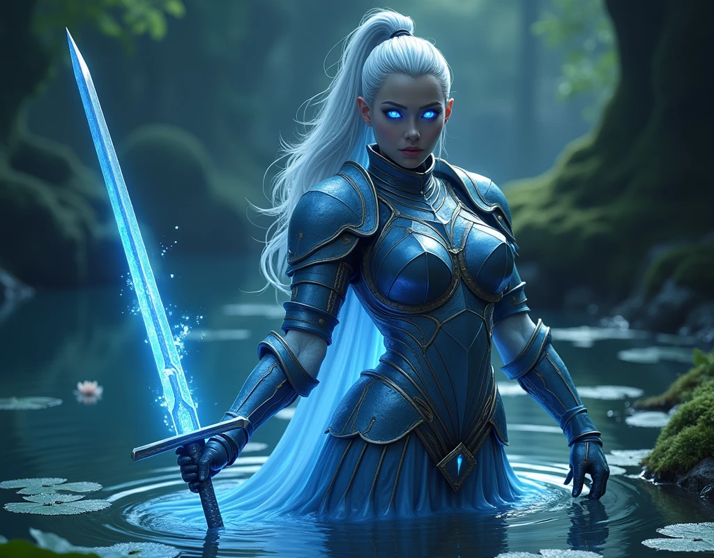 (Highest quality, Very detailed, (Ultra-high resolution,8k), ultra-detailed 4K, (Complete Hell Effect Anatomy, Anatomically correct), (Women with big breasts have a sexy appeal), ((Holy Knight in the Shallow Water)), ((Beautiful monster armor covering the whole body, Fully equipped)), (Sharp Eyes), ((The whole human body)), silver hair, (ponytail), (Dynamic configuration), High-quality facial beauty, (Beautiful blue eyes like sapphires), (Open your mouth), Wet body, Glowing Skin, (Fine skin,hair ), By the pond, Water Lily, Moss, Crystal clear and clean water, (((Midnight, dark))), (Determined Pose:1.3), Thrusting the sword into shallow water, (Holds a beautiful sword down to the last detail)