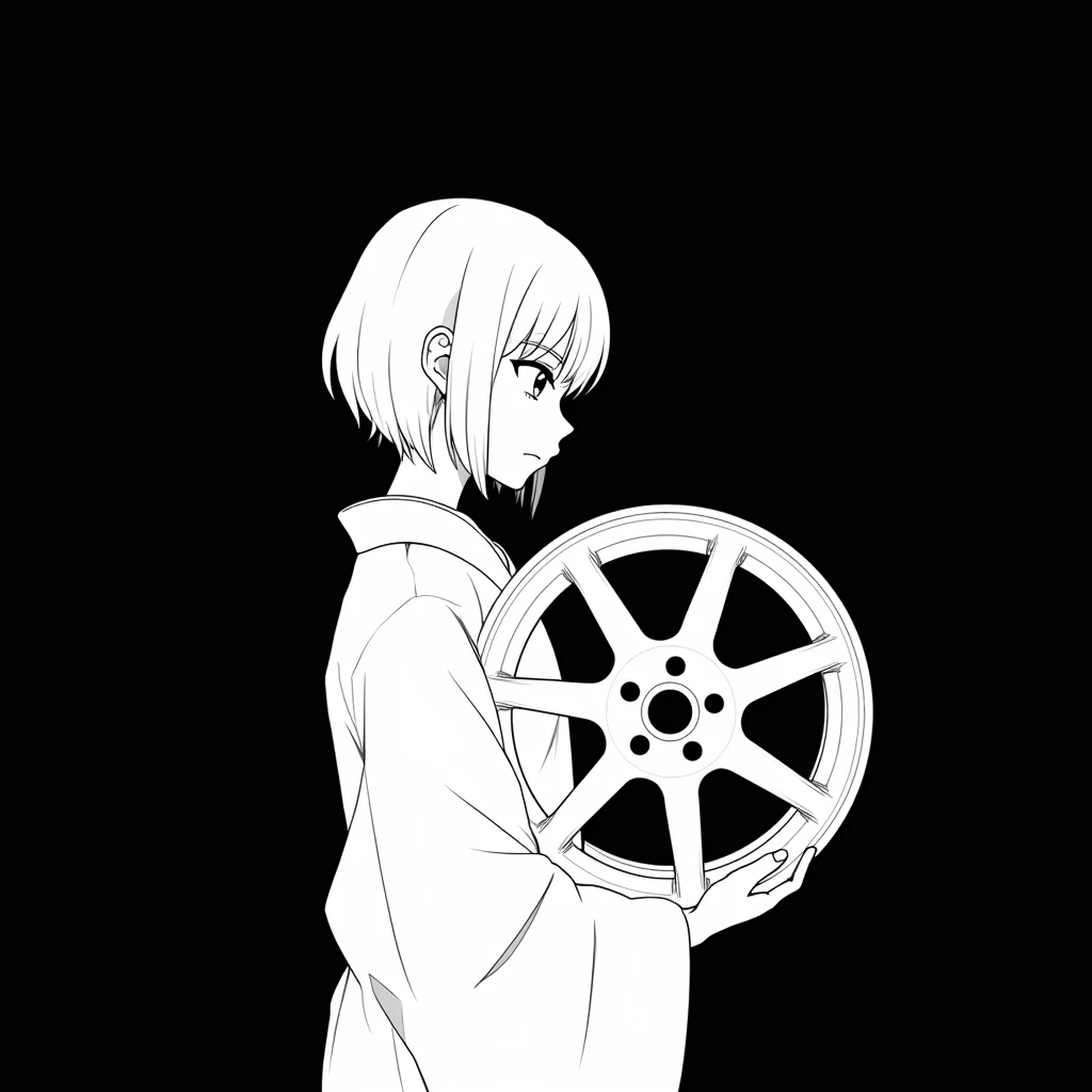 White pen on a black background。
No grey, just black and white。
A girl with white hair wearing a yukata。
Anime Style。
Hair length is bob。
The color of the yukata is white.。
The girl is looking at an angle。
He is holding a car wheel in his hand. The wheel has no tires.、Wheel only。
The wheels are Rays TE37.。