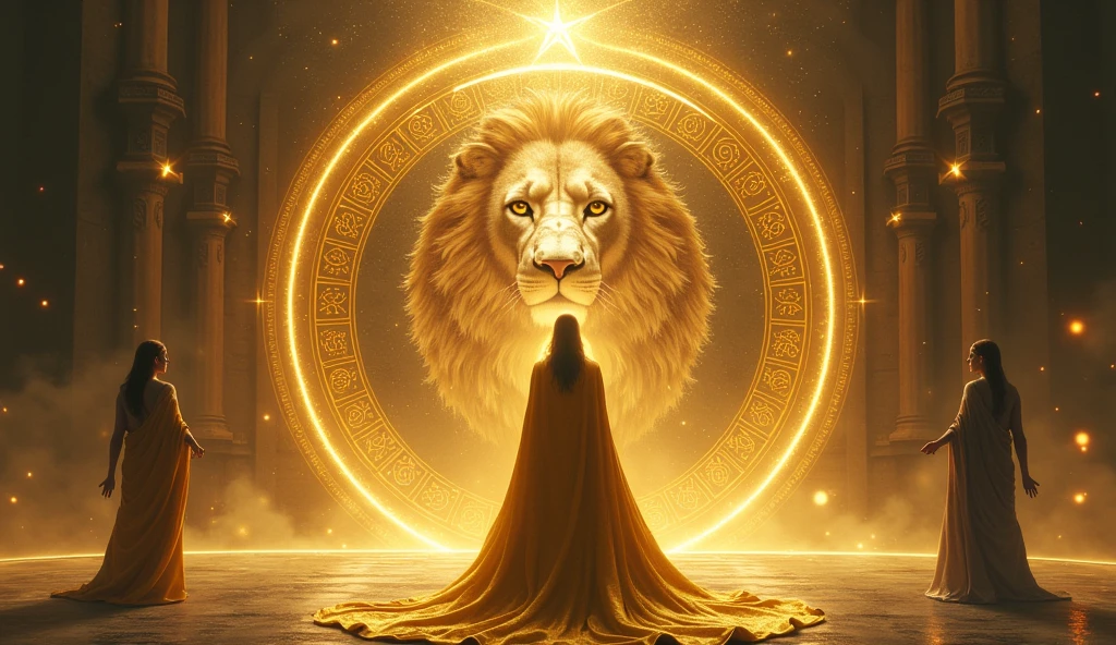 woman with GOLDEN priestess cape, facing a portal with a majestic lion on the portal and the numbers 888 written on the entrance to the portal, next to the lion is themis, the goddess of justice convey depth
