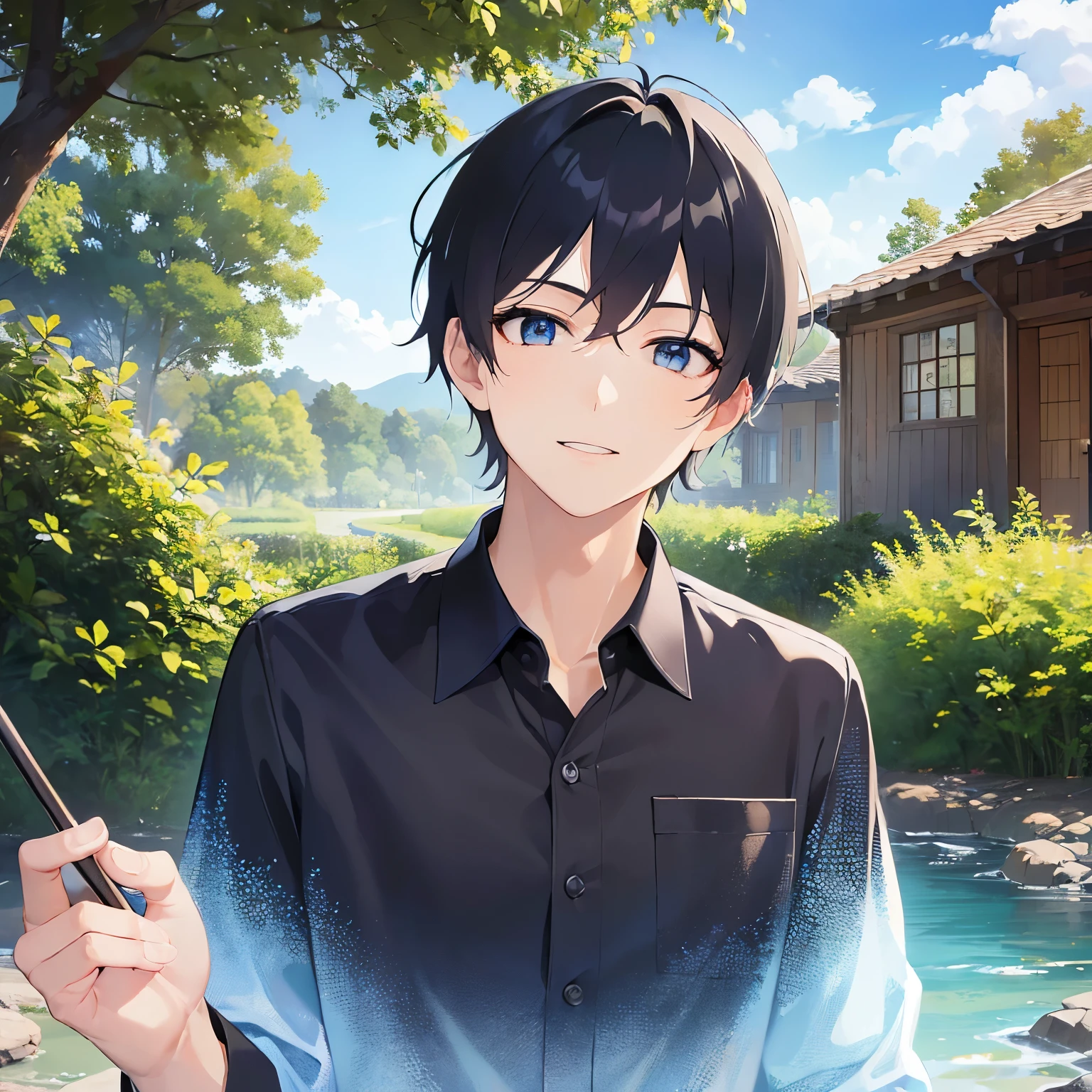 (looking at viewer:1.5)Upper Body,
shiny skin, masterpiece、Highest quality、
(25-year-old male:1.5) and (Black short hair) and (blue eyes),
black collared shirt、
Serious,smile,park、grass、blue sky、(alone:1.5)