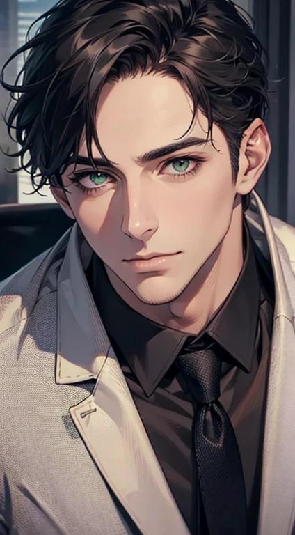 (Highest quality,4K,8K,High resolution,masterpiece:1.2),Super detailed,(Realistic,photoRealistic,photo-Realistic:1.37),1 person,35 years old,Mature Men,Beautiful skin、very handsome,Expressionless,Short gray Black hair,green eyes,Sharp Eyes,A perfect face without a doubt,Businessman, CEO, Office Background,Cinema Lighting,HDR image,tie、