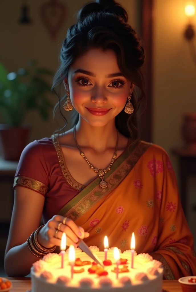 23 year old Girl celebrating birthday, wearing saree, cutting cake, seeing to viewers