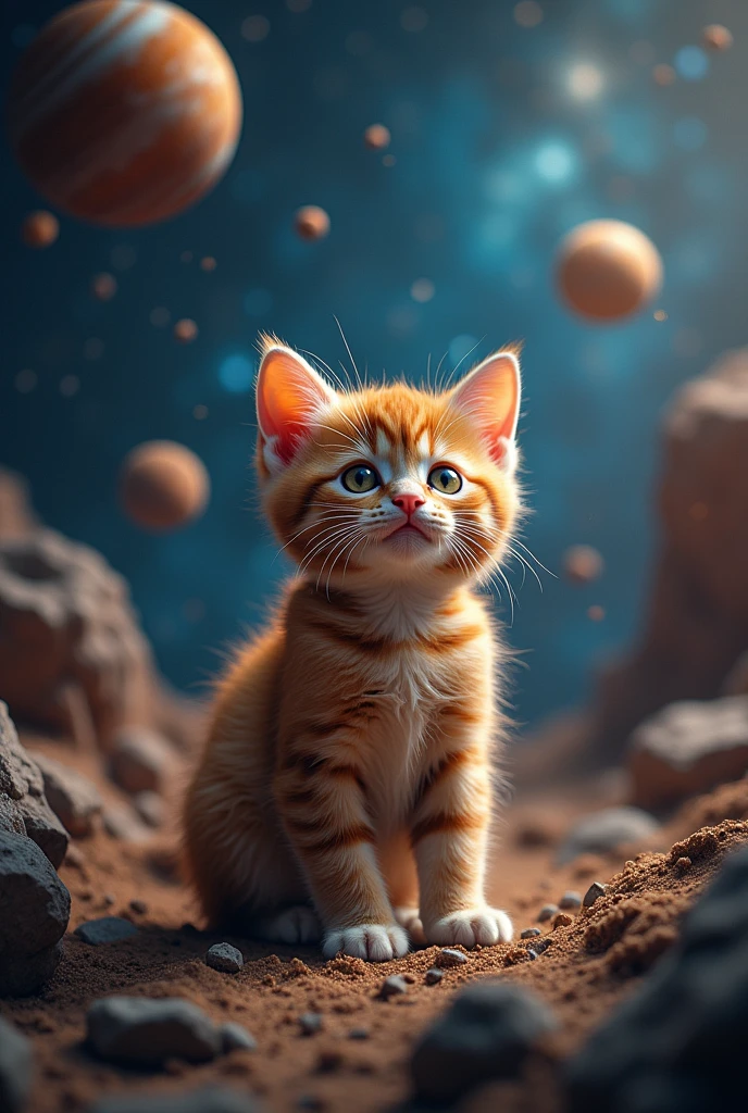 And suddenly this ginger kitten realized that he was controlling some universe and then he dug himself into space surrounded by several planets.