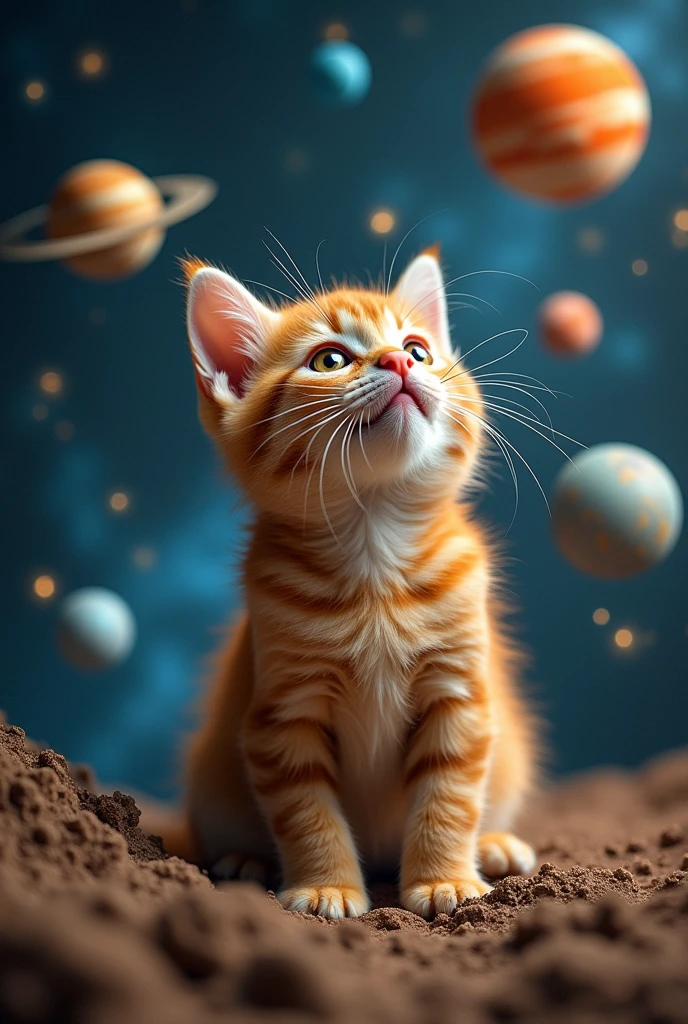 And suddenly this ginger kitten realized that he was controlling some universe and then he dug himself into space surrounded by several planets.