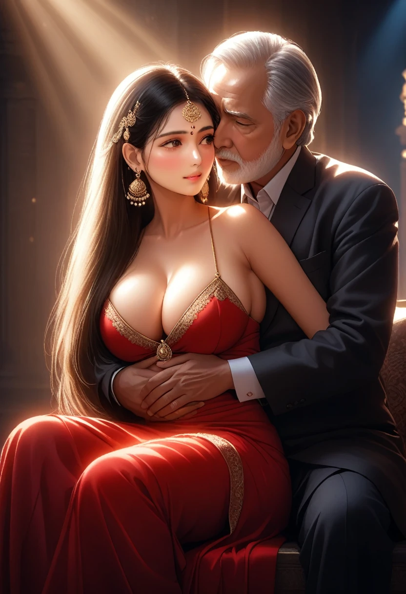 a young woman in a beautiful red saree sitting on the lap of an old man, her breasts exposed, wearing large jhumka earrings, intimate embrace, photorealistic, 8k, highly detailed, hyper realistic, dramatic lighting, cinematic composition