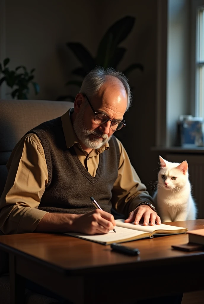 Generate an image of a mathematician man with turned up nose; wearing a brown shirt, and vest, sitting in a comfortable chair in a dimly lit living room. He is writing in an open book at the desk while the white cat sits next to him. The room should have some natural light, and you can see the window in the background.