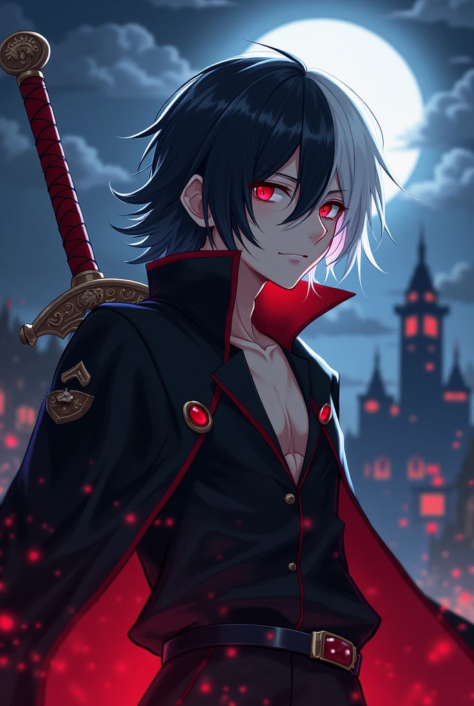 Psyco anime man, half black hair and half white hair, red eyes,  castle, male, mejora de calidad, magic sword, na i´d win, black clothes, revenge anime girl, night, hate face, MALE,male



