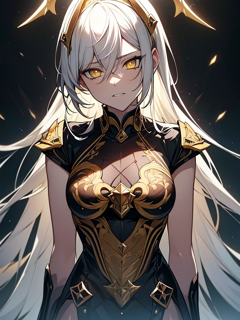 a mangastyle boy with white and yellow hair, golden armor with black clothes, black gloves, yellow eyes, white angel wings and a halo with a serious and sadistic look, detailed and realistic, (best quality,4k,8k,highres,masterpiece:1.2),ultra-detailed,(realistic,photorealistic,photo-realistic:1.37),intricate details,digital art,cinematic lighting,dramatic shadows,volumetric fog,highly detailed face and eyes,sharp focus,vibrant colors,glowing aura,ornate details,dark fantasy,dramatic atmosphere,moody lighting