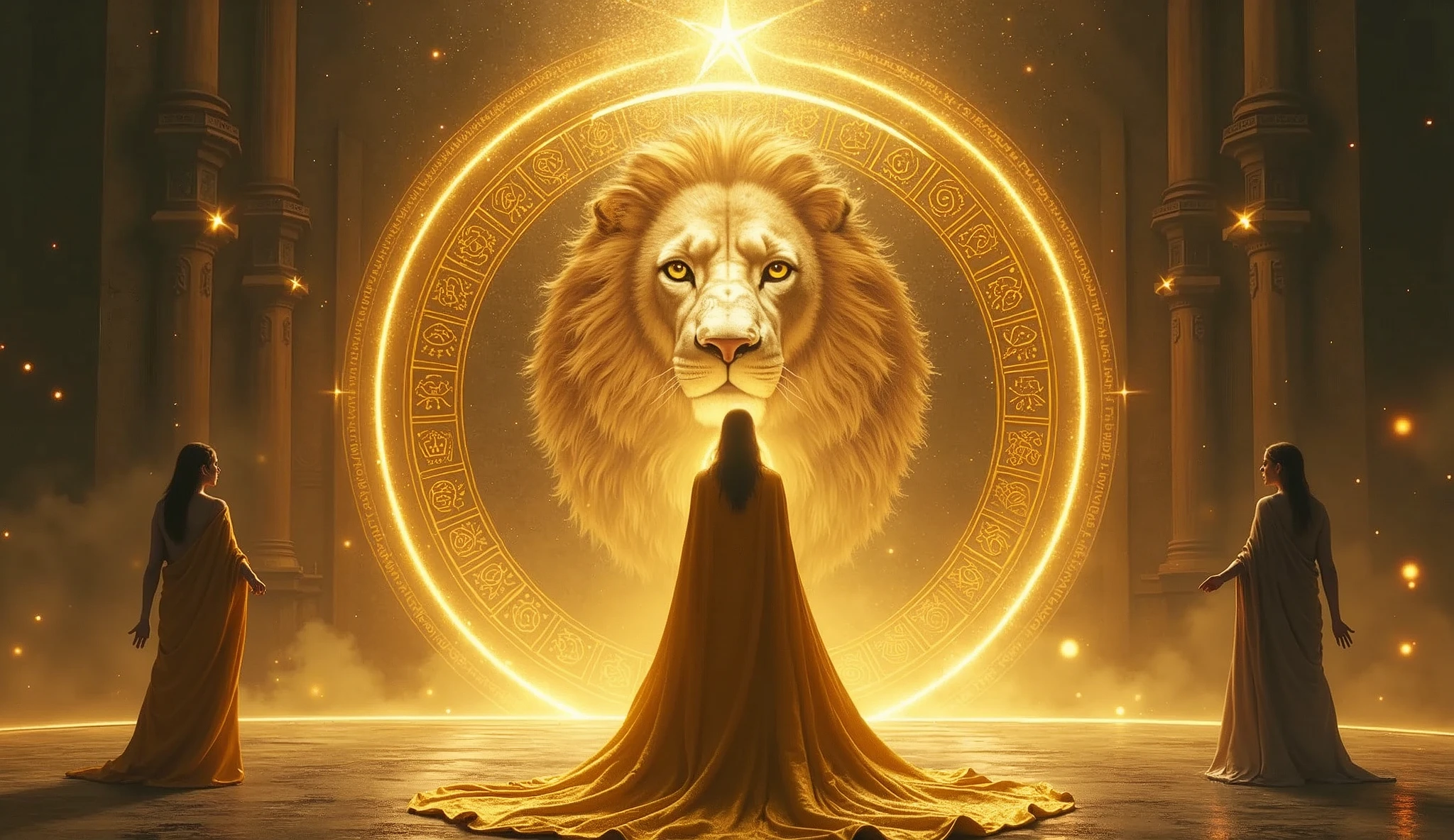 woman with GOLDEN priestess cape, facing a portal with a majestic lion on the portal and the numbers 888 written on the entrance to the portal, next to the lion is themis, the goddess of justice convey depth