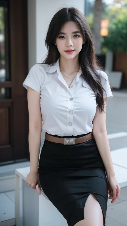 Pretty big breasts big tits thai woman Hand on hip , (8k, best quality, masterpiece, ultra highres:1.2) Photo of Pretty thai woman beautiful, beautiful enchanting fashion contemporary painting with , (1girl), (white shirt short sleeves), ((black pencil skirt)), belt , blonde hair, , realistic skin texture , round chin, 85 mm art lens, f 1. 2, sharp focus, 8 k high definition, insanely detailed, intricate, elegant, large breasts, big breasts , black skirt