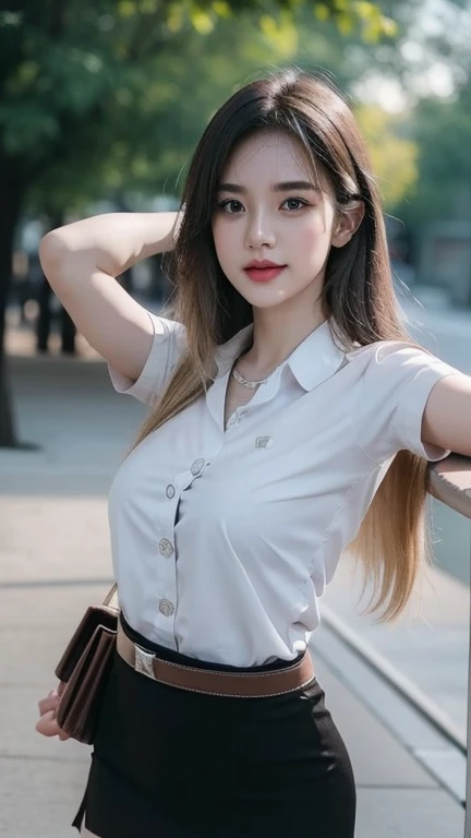 Pretty big breasts big tits thai woman Hand on hip , (8k, best quality, masterpiece, ultra highres:1.2) Photo of Pretty thai woman beautiful, beautiful enchanting fashion contemporary painting with , (1girl), (white shirt short sleeves), ((black pencil skirt)), belt , blonde hair, , realistic skin texture , round chin, 85 mm art lens, f 1. 2, sharp focus, 8 k high definition, insanely detailed, intricate, elegant, large breasts, big breasts , black skirt