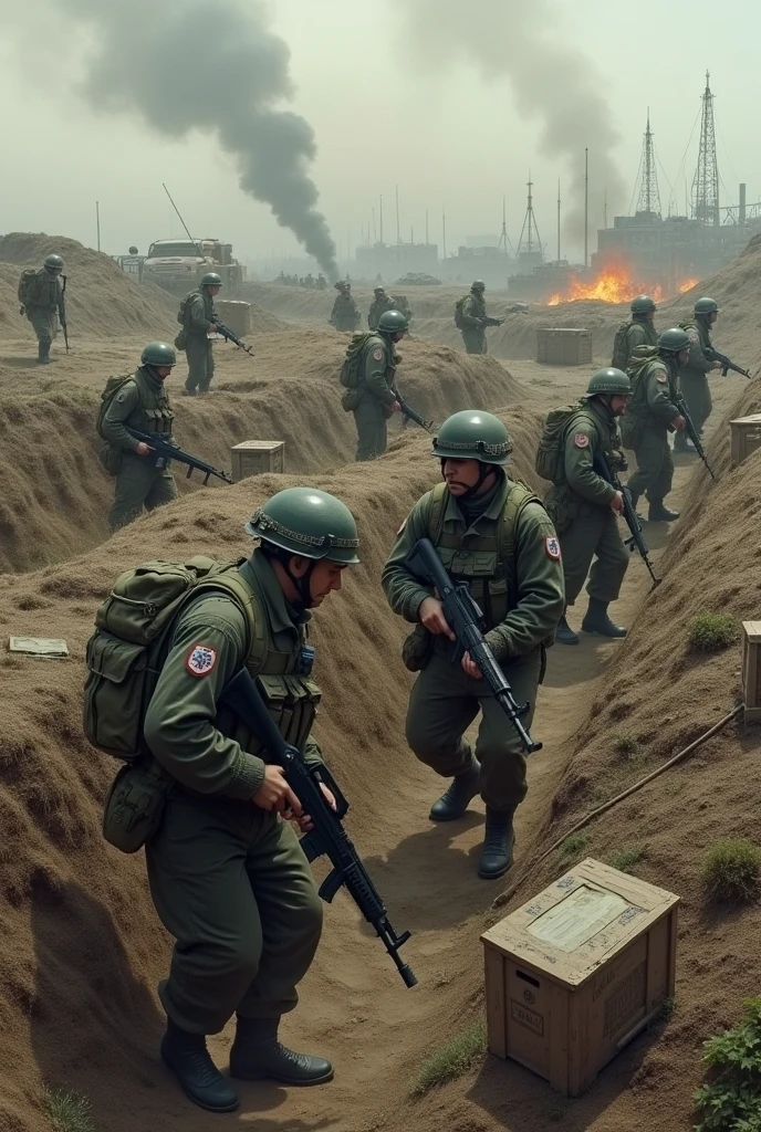 create a realistic image of Russian soldiers arranging strategic spaces in battle