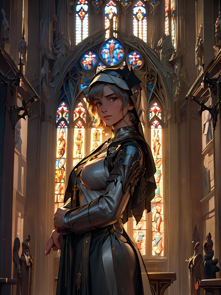 a naked nun bending down and looking back, medieval period church interior, highly detailed, photorealistic, 8k, masterpiece, intricate details, dramatic lighting, chiaroscuro, renaissance style, moody atmosphere, religious iconography, cathedral architecture, stained glass windows