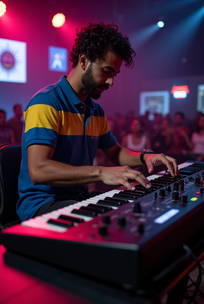 BEATMAKER WITH HIS HANDS ON A MIDI KEYBOARD , FLAG OF EL SALVADOR CENTRAL AMERICA