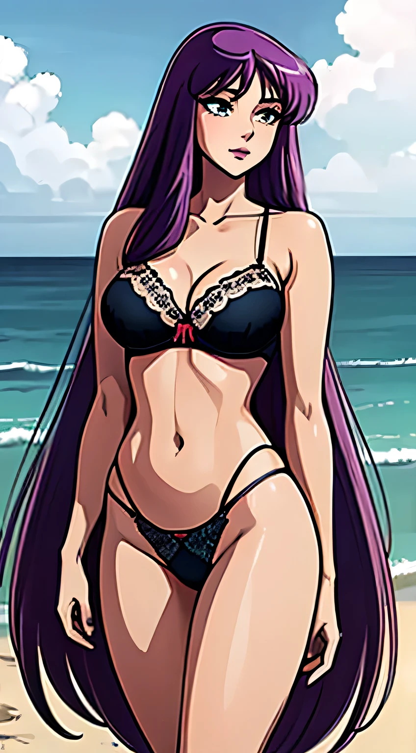 (best quality:1.3), Saori Kido, ((light green eyes)), busty, smile, sexy, Curvy, (beach), ((thong white bikini)), ((american plan)),